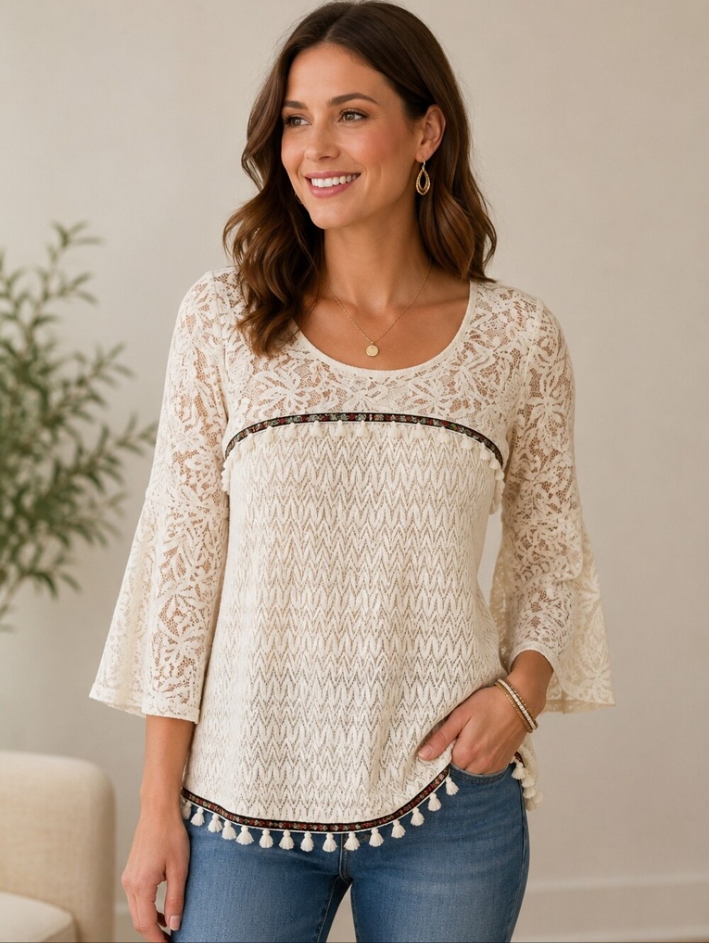 Umgee Ivory Lace Bohemian Embroidered Tassel Hem Tunic Top Sz Small